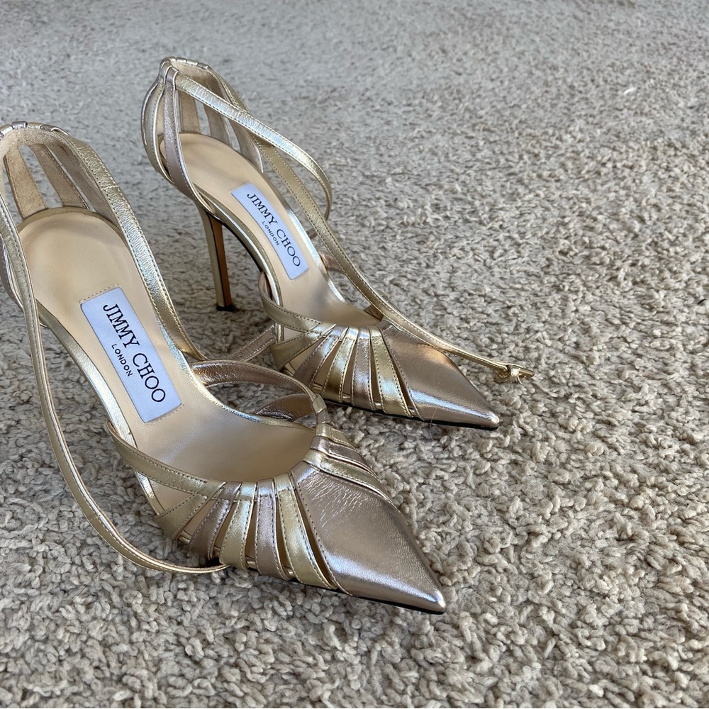 Jimmy Choo Gold Stiletto Heels with Slingback Design